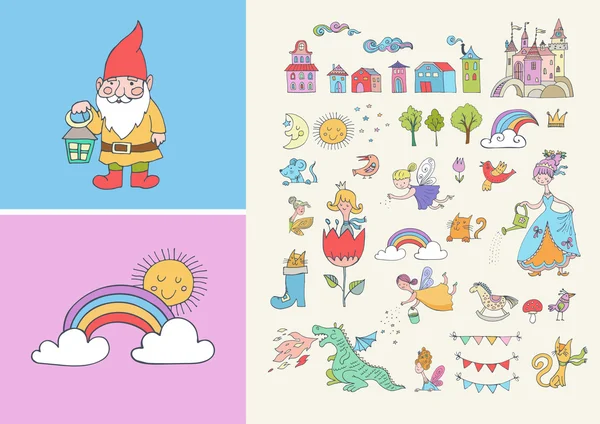 Collection of fairy tales hand drawn doodles, illustrations Vector Graphics