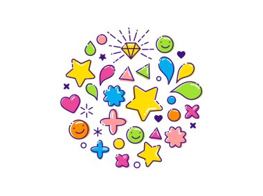 Modern renkli arka plan hattı, mutlu simgeler, yıldız, kupa, elmas ile anahat