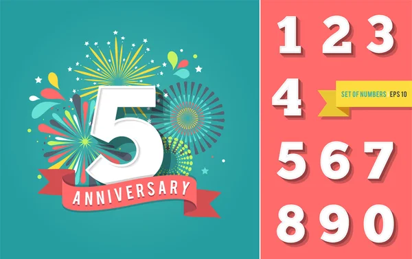 Aniversario fuegos artificiales y celebraciones de fondo, conjunto de números — Vector de stock