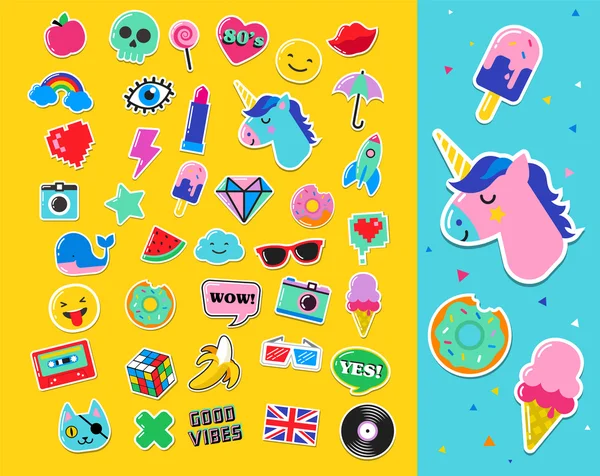 Pop art moda chic parches, alfileres, insignias y pegatinas — Vector de stock