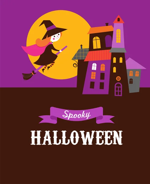 Halloween cute vector greeting cards, posters, banner with witch and haunted house, castle — Stock Vector