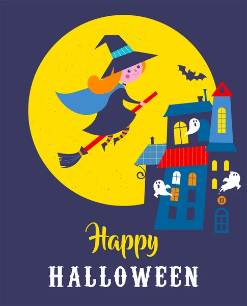 Halloween lindo vector tarjetas de felicitación, carteles, pancarta con bruja y casa embrujada, castillo — Vector de stock
