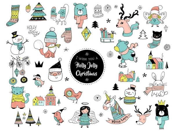 Christmas hand drawn cute doodles, stickers, illustrations and elements — Stock Vector