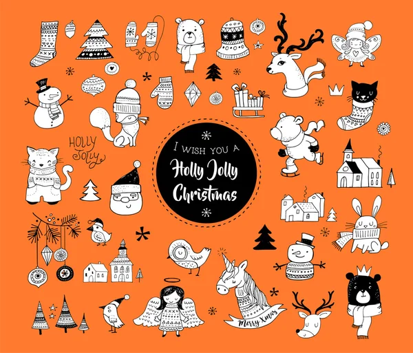 Boże Narodzenie ręcznie rysowane Ładna gryzmoły, naklejki, ilustracje i elementy — Wektor stockowy