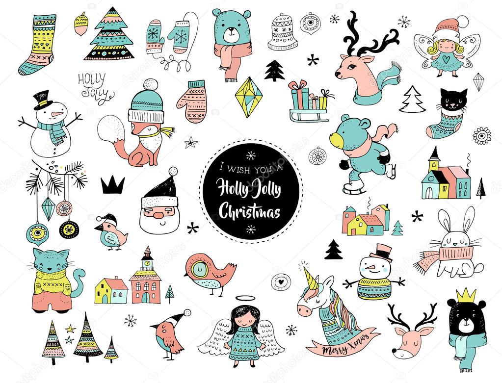 Christmas hand drawn cute doodles, stickers, illustrations and elements