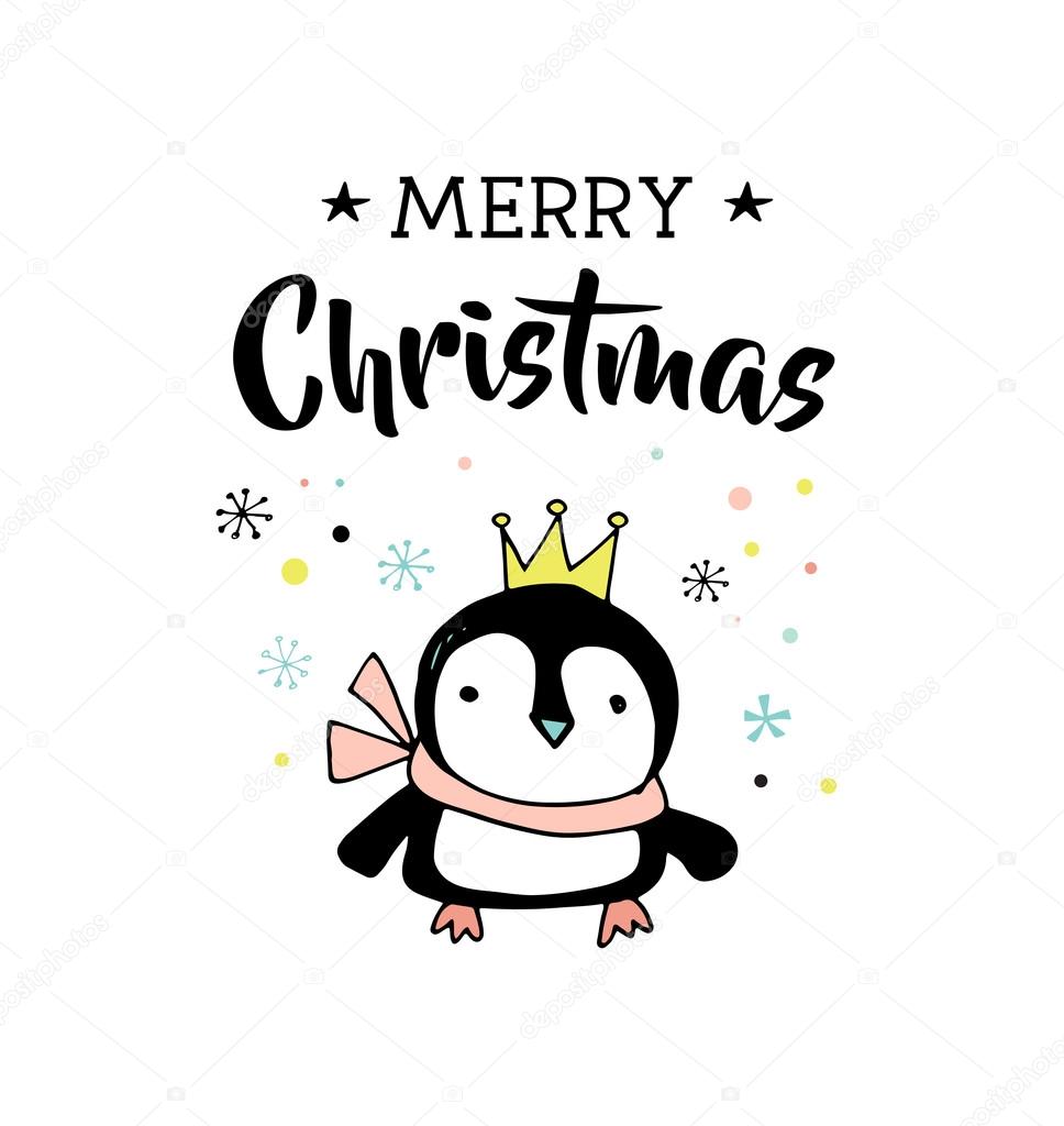 Merry Christmas hand drawn cute doodle, illustration and greeting cards with penguin. Lettering, typography