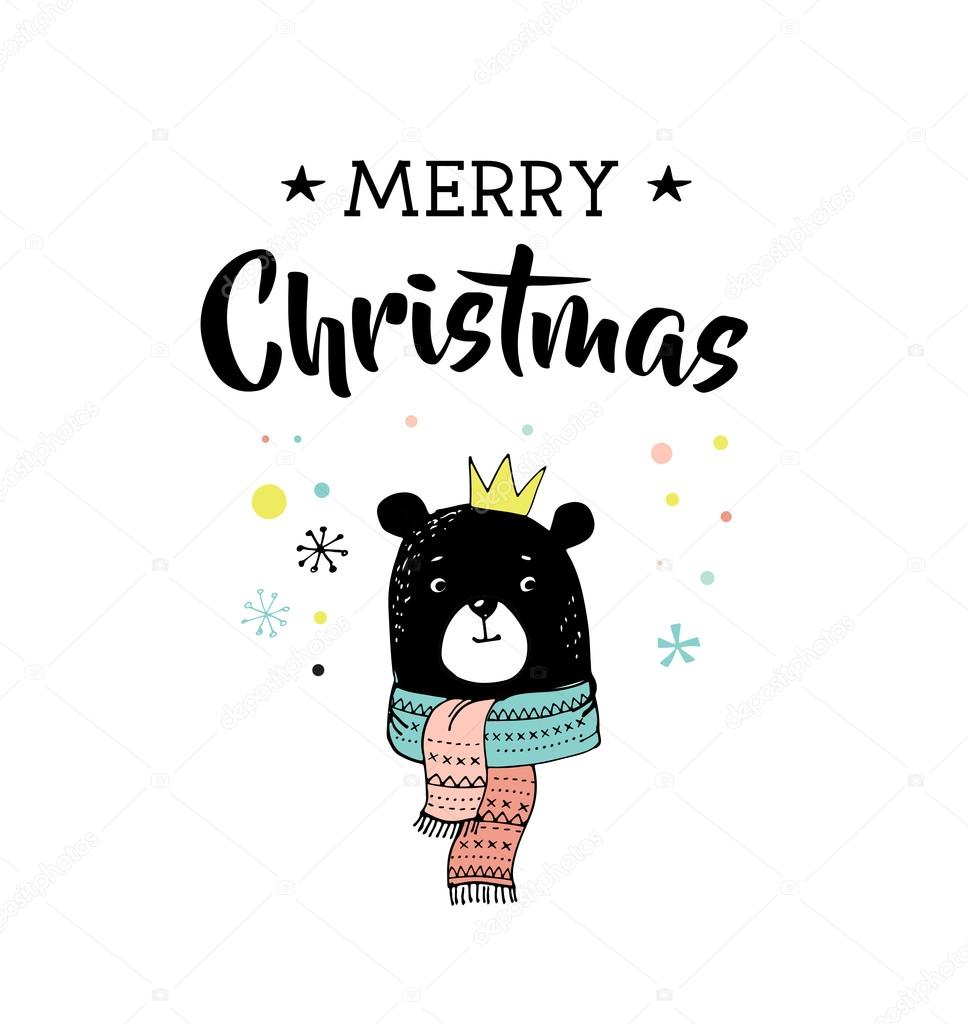 Merry Christmas hand drawn cute doodle, illustration and greeting cards with bear. Lettering, typography