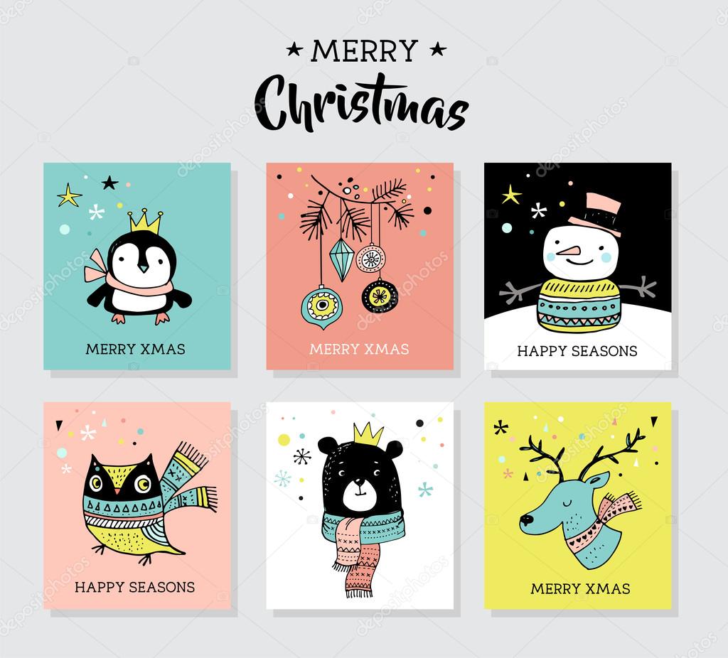 Christmas hand drawn cute doodles, illustrations and greeting cards with penguin, bear, deer