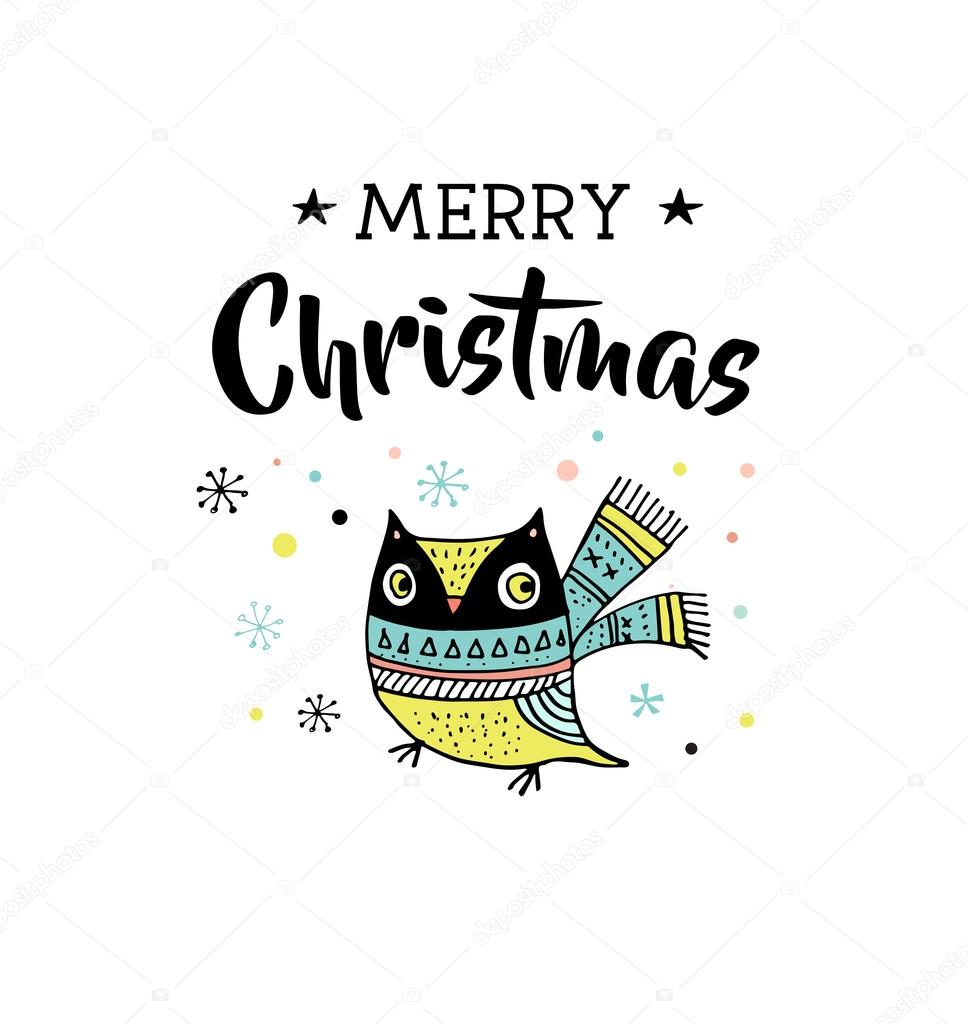 Merry Christmas hand drawn cute doodle, illustration and greeting cards with owl. Lettering, typography
