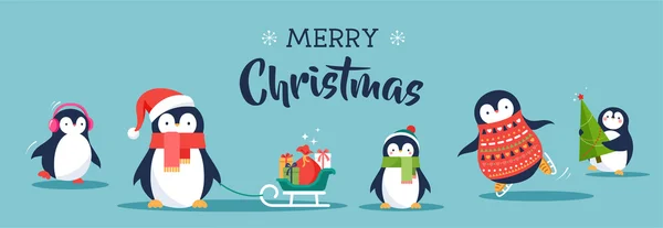 Cute penguins banner - Merry Christmas greetings — Stock Vector