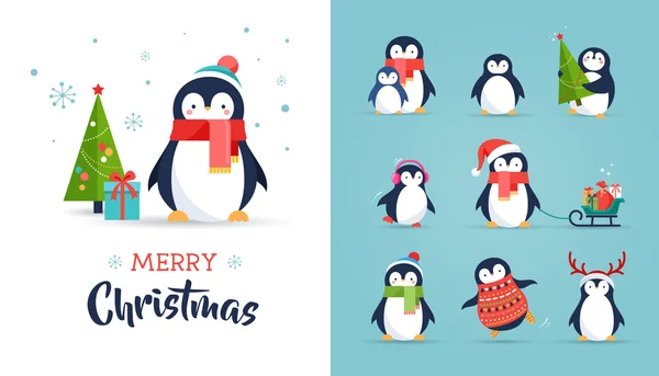 Ensemble de pingouins mignons - Joyeux Noël salutations — Image vectorielle