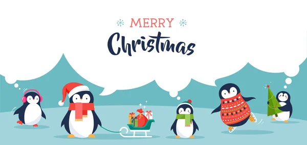 Sevimli penguenler banner - neşeli Noel selamlar — Stok Vektör