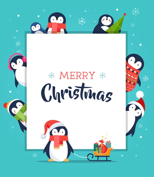 Söta pingvin - god jul gratulationskort, affisch — Stock vektor