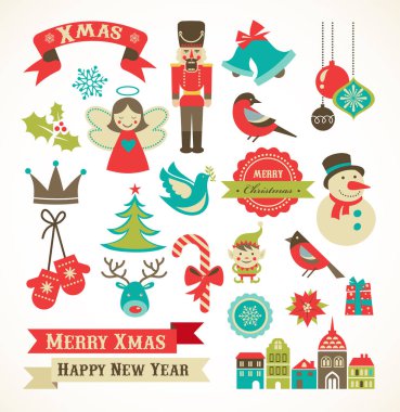 Mutlu Noel simgeleri ve grafik öğeleri koleksiyonu