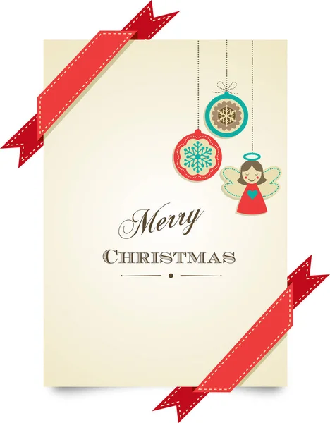 Καλά Χριστούγεννα πρότυπο ευχετήρια κάρτα με κόκκινες κορδέλες και χριστουγεννιάτικα παιχνίδια — Διανυσματικό Αρχείο