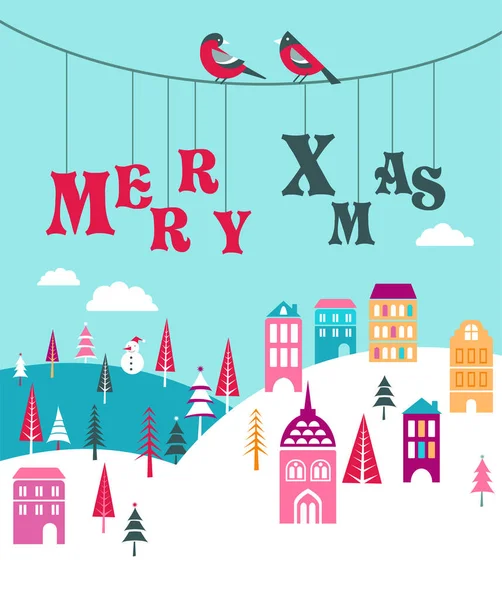 Merry Christmas greeting card template with winter town background — Stock Vector