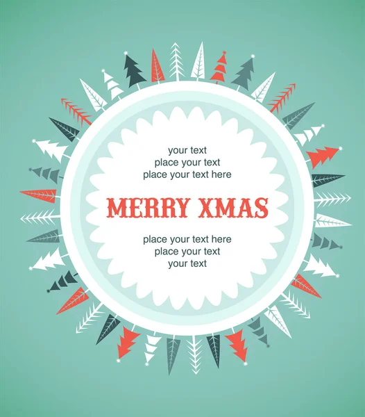 Plantilla de tarjeta de felicitación de Feliz Navidad con marco de bosque de invierno redondo — Vector de stock