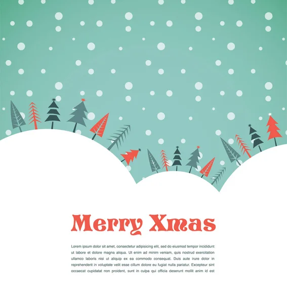 Merry Christmas greeting card template with winter forest background and white text area — Stock Vector
