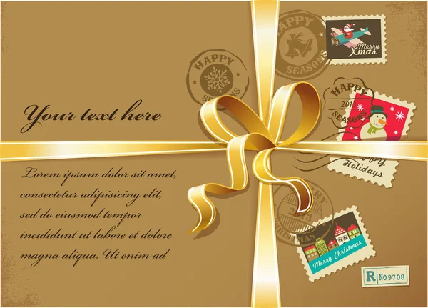 Caixa de presente de Natal com selos coloridos e fitas douradas — Vetor de Stock
