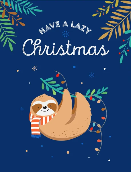 Lindo perezoso, divertidas ilustraciones de Navidad con bufanda de Santa Claus - tarjetas de felicitación o plantilla de banner — Vector de stock