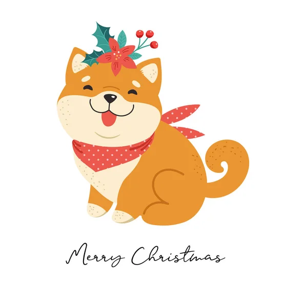 Wesołych Świąt ilustracja z Shiba Inu, Japończycy, koreański pies. Śmieszny szczeniak z dodatkami świątecznymi. Wektorowa kartka okolicznościowa — Wektor stockowy