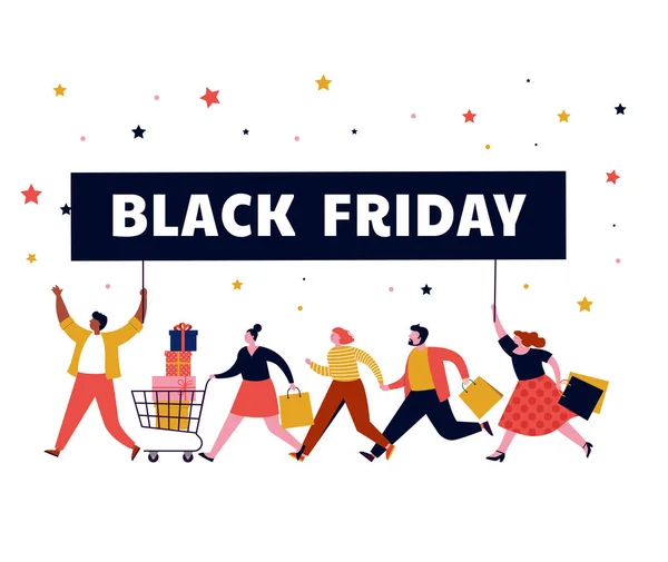 Black Friday, Mega Sale Banner, Szene mit Menschenmenge, Frauen und Männer laufen mit Einkaufstüten. Konzeption des Verkaufs — Stockvektor