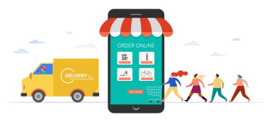 People shopping online using mobile phone. Happy men and women taking part in seasonal sale at store, shop, mall and online. Cartoon characters on white background clipart