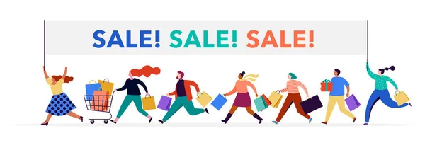 Lidi s nákupními taškami. Šťastní muži a ženy se účastní sezónního prodeje v obchodě, obchodě, obchoďáku a on-line. Kreslené znaky na bílém pozadí — Stockový vektor