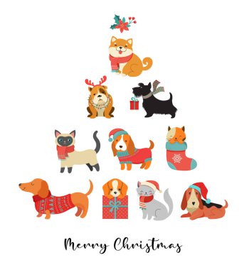 Noel kedileri ve köpek koleksiyonu örgü şapkalar, kazaklar, eşarplar gibi aksesuarları olan sevimli evcil hayvanların mutlu Noel çizimleri. 