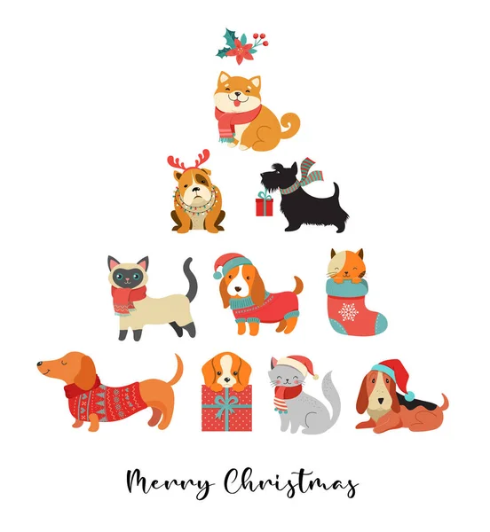 Коллекция рождественских кошек и собак, Весёлые рождественские иллюстрации милых домашних животных с аксессуарами, такими как вязаные шляпы, свитера, шарфы — стоковый вектор