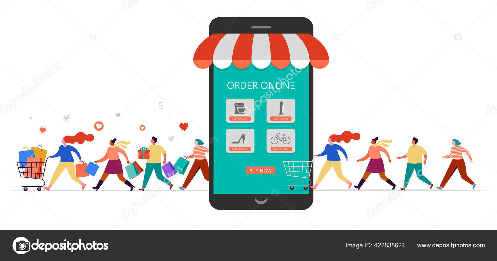 People shopping online using mobile phone. Happy men and women taking part  in seasonal sale at store, shop, mall and online. Cartoon characters on white  background Stock Vector Image by ©marish #422838624
