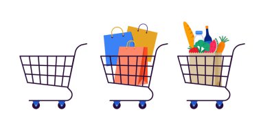 Alışveriş arabaları koleksiyonu. Alışveriş torbaları ve market poşetleriyle boş bir araba.