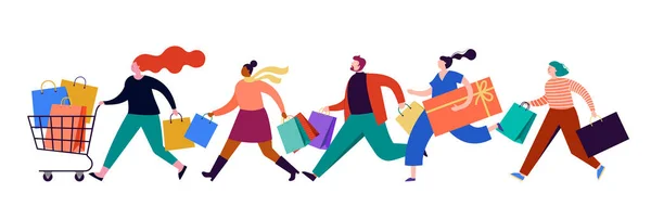 Folk som bär på shoppingväskor. Glada män och kvinnor som deltar i säsongsförsäljning i butik, butik, köpcentrum och online. Tecknad tecken på vit bakgrund — Stock vektor