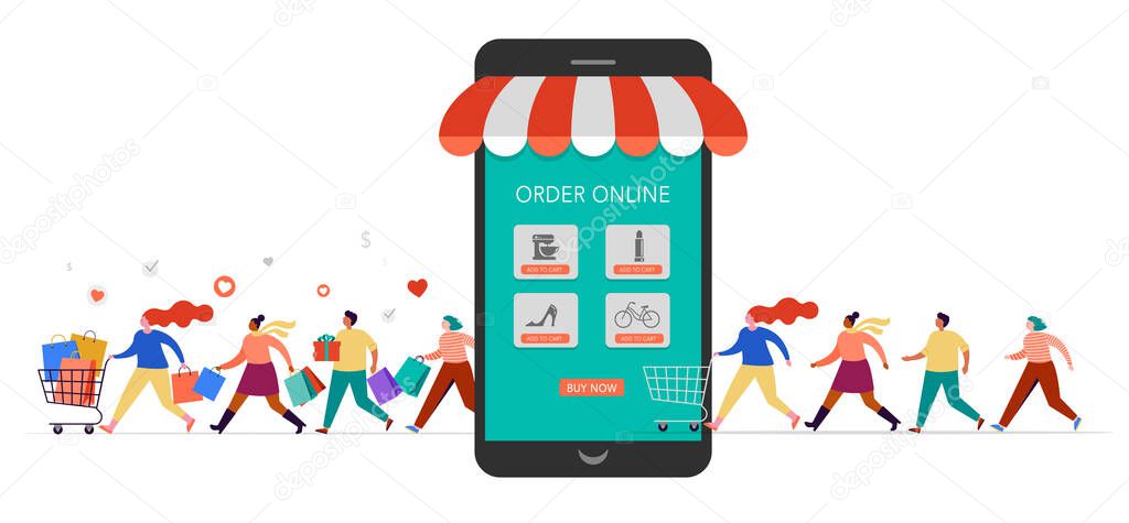 People shopping online using mobile phone. Happy men and women taking part in seasonal sale at store, shop, mall and online. Cartoon characters on white background