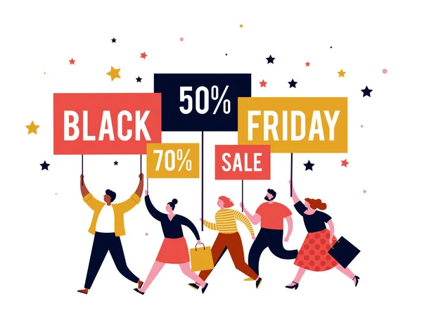 Black Friday, mega banner de venda, cena com uma multidão, mulheres e homens correndo com sacos de compras. Concepção de venda —  Vetores de Stock