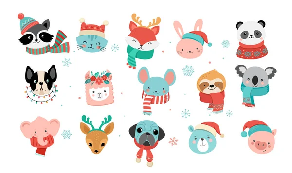 Bonitos animais safári de Natal. Preguiça, lama, coelho, urso polar. Feliz Natal bebê animais vestindo roupas quentes, suéter, cachecol e chapéus —  Vetores de Stock