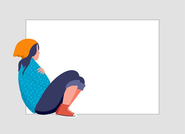 Молодая женщина, девочка-подросток, страдает от психологических заболеваний, тревоги. Девушка сидит грустный у окна или стены