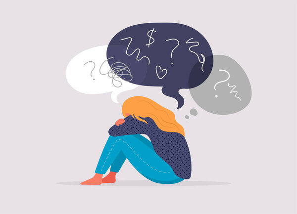 Молодая женщина, девочка-подросток, страдает от психологических заболеваний, тревоги. Девушка сидит грустный у окна или стены