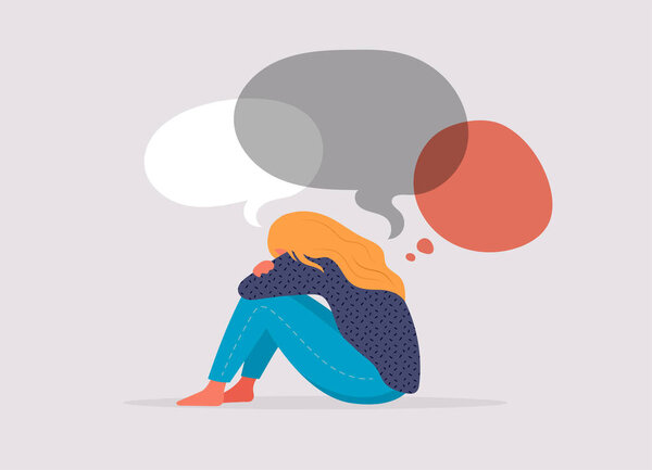 Молодая женщина, девочка-подросток, страдает от психологических заболеваний, тревоги. Девушка сидит грустный у окна или стены