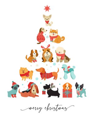 Noel köpek koleksiyonu örgü şapkalar, kazaklar, atkılar, vektör grafik unsurlar gibi aksesuarları olan sevimli evcil hayvanların mutlu Noel çizimleri.