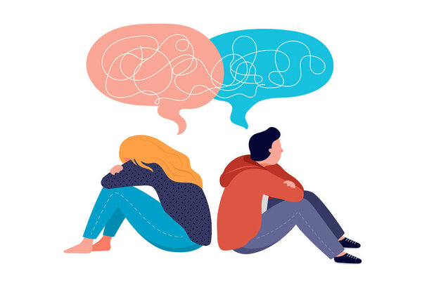 Молодые люди, подростки, пара девочек и мальчиков, сидят спиной к спине, грустные и злые друг на друга. Расставание, проблемы в отношениях, разбитое сердце, разделение концепции