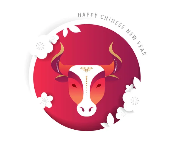 Nouvel an chinois 2021 année du bœuf, vache rouge, symbole du zodiaque chinois. Fond vectoriel avec décorations orientales traditionnelles — Image vectorielle