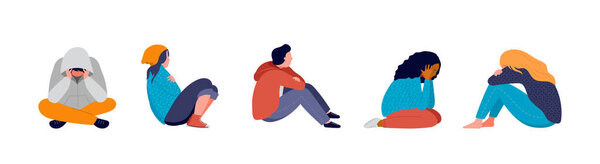 Молодые люди, подростки, страдающие от психологических заболеваний, тревоги. Девочки и мальчики сидят грустно у окна или стены