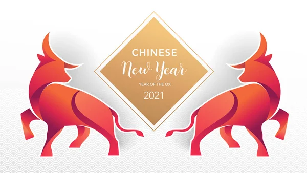 Ano novo chinês 2021 ano do boi, vaca vermelha, símbolo do zodíaco chinês. Fundo vetorial com decorações orientais tradicionais —  Vetores de Stock