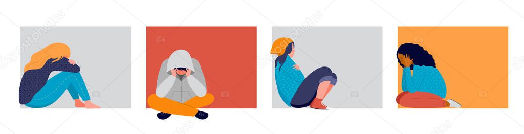 Young people, teenagers, suffering from psychological diseases, anxiety. Girls and boys sitting sad by the window or wall