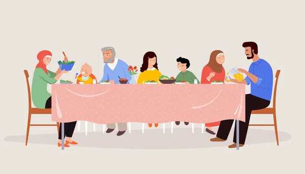 Feestelijke diner familie scene. Kinderen, ouders en grootouders aan een eettafel, samen eten. — Stockvector