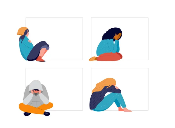 Jeunes, adolescents, souffrant de maladies psychologiques, anxiété. Filles et garçons assis triste près de la fenêtre ou du mur — Image vectorielle