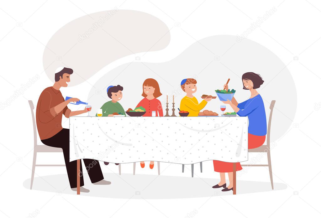 Festive dinner family scene. Children, parents and grandparents sitting at a dinner table, eating together. 