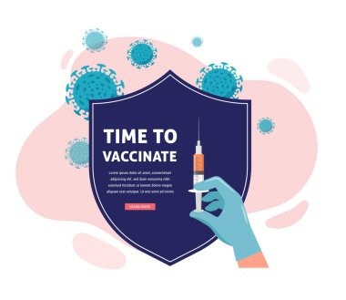 Aşı konsepti tasarımı. Pankart aşılama zamanı - COVID-19 aşısı ile kalkan ve şırınga, grip veya grip