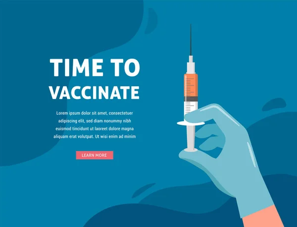 Ontwerp van vaccinatieconcept. Tijd om de banner te vaccineren - microscoop en spuit met vaccin tegen COVID-19, griep of influenza — Stockvector